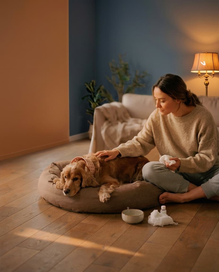 Woman sitting beside a Cocker Spaniel wearing a recovery collar