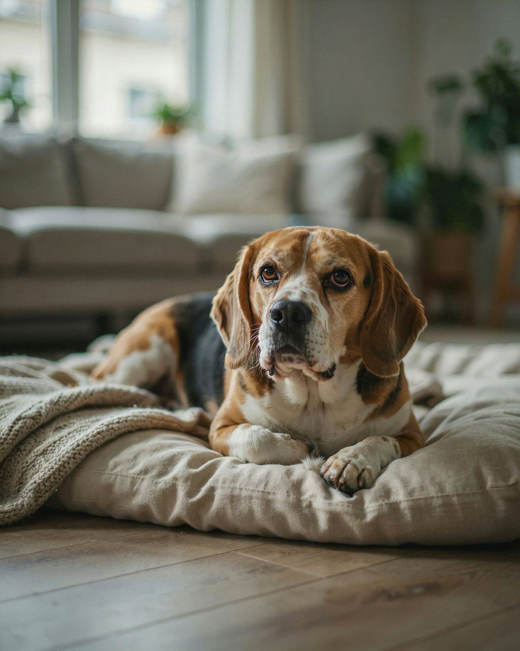 Older Beagle resting quietly on a soft dog bed